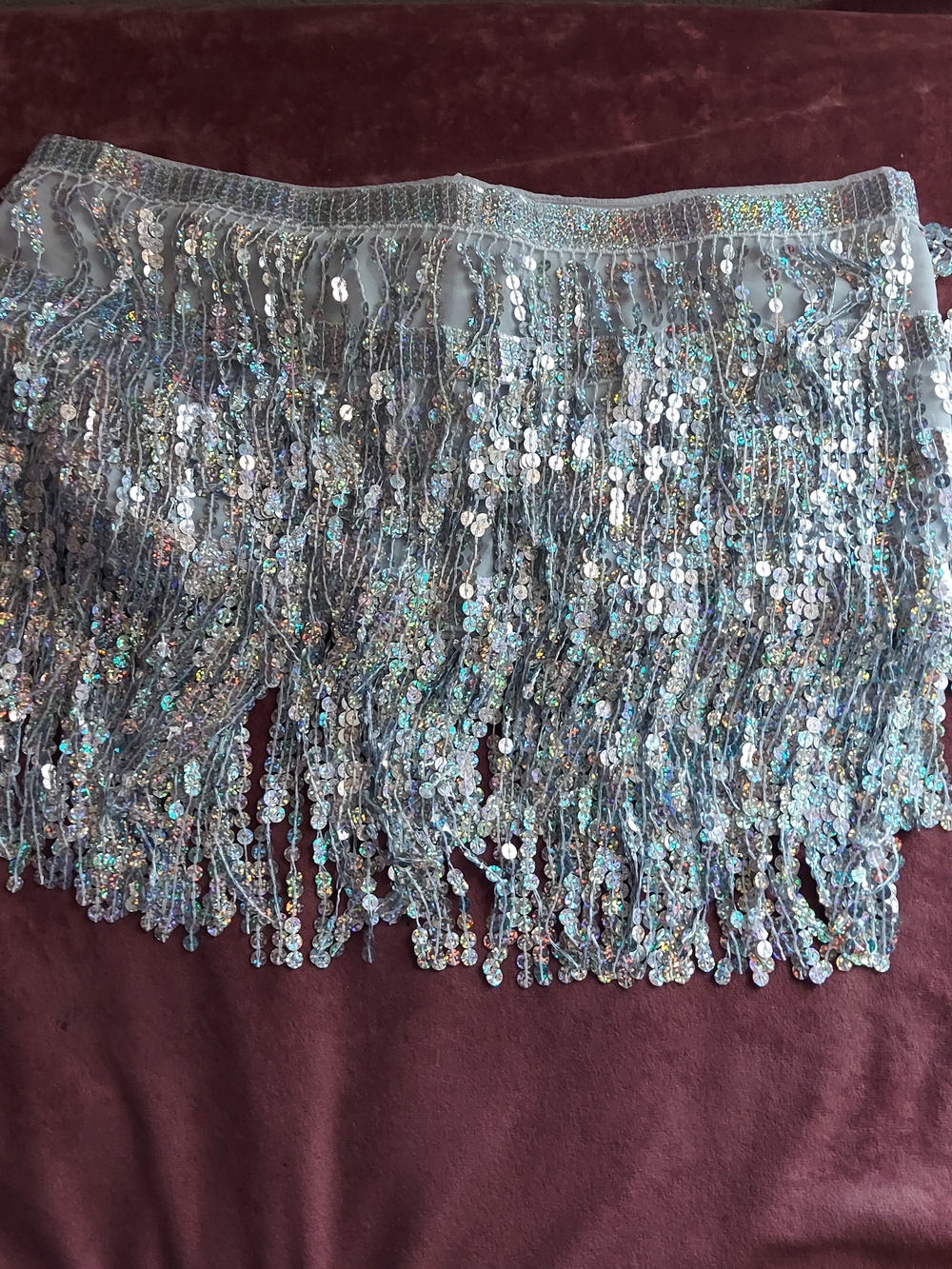 Silver Iridescent Sequin Fringe Belly Dance Hip Scarf Wrap